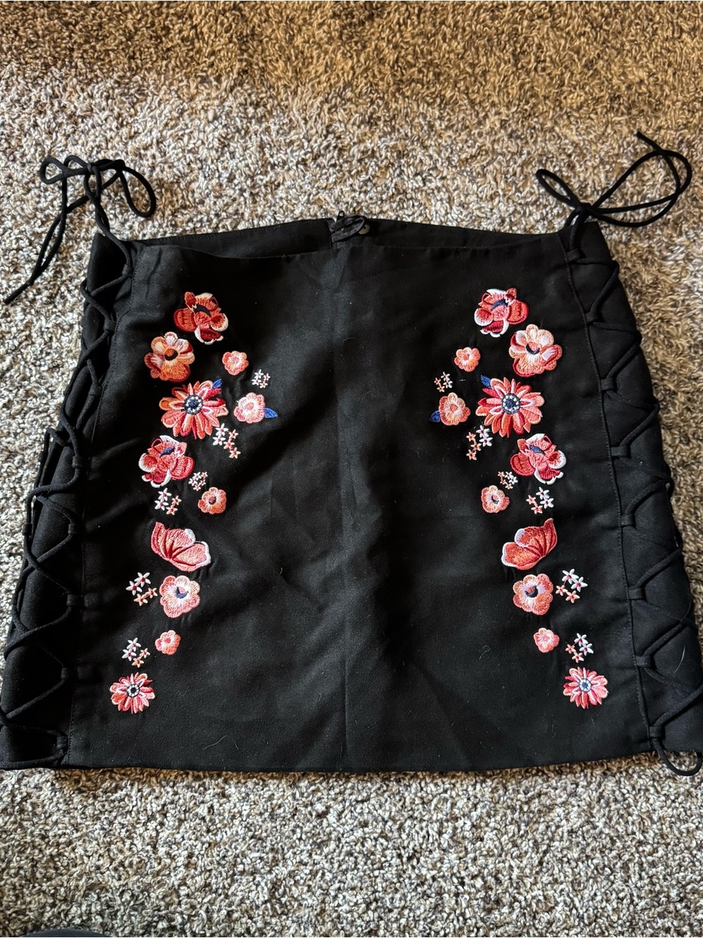 H&M Black Embroidered Floral Lace-Up Mini Skirt